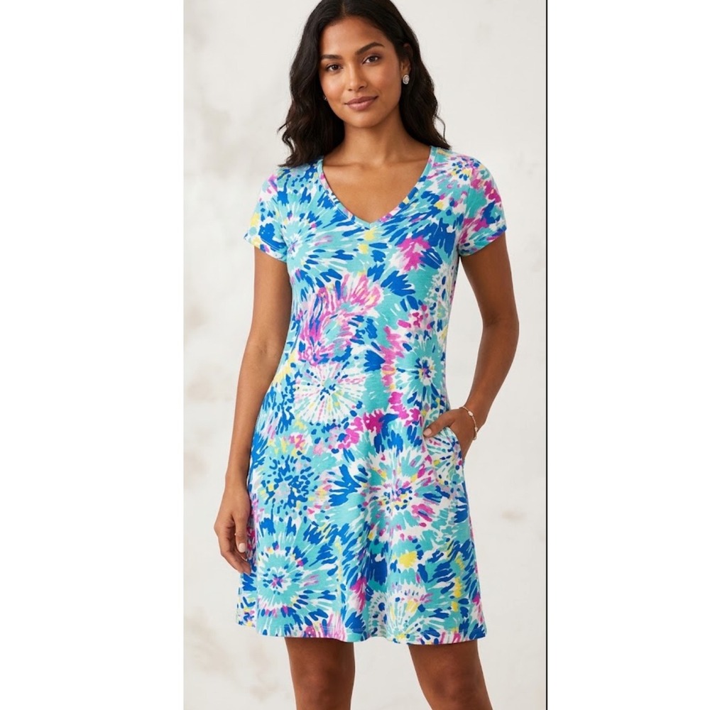 Lilly‎ Pulitzer | Women's Etta V-Neck T-Blue Pink Floral Cotton Shirt Dress, XS